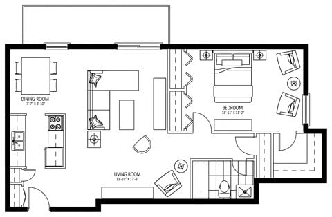 Floor plan for 1 bed, 1 bath, 880 sqft